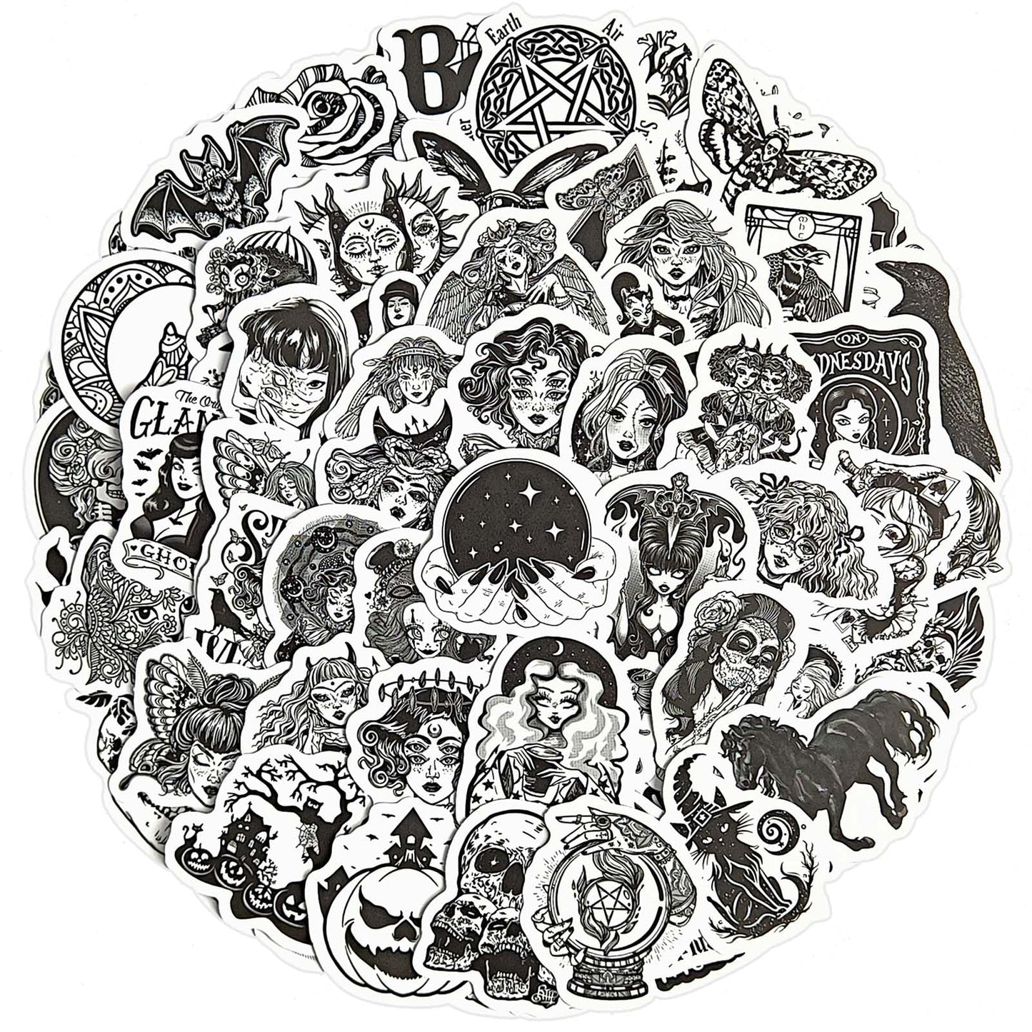 Ychsring Goth Stickers 100 Pcs Bulk Waterproof Vinyl - Black and White Gothic Horror Skull Skeleton Spooky - for Water Bottles Scrapbooking Journaling Laptop Phone Case - for Adults & Teens
