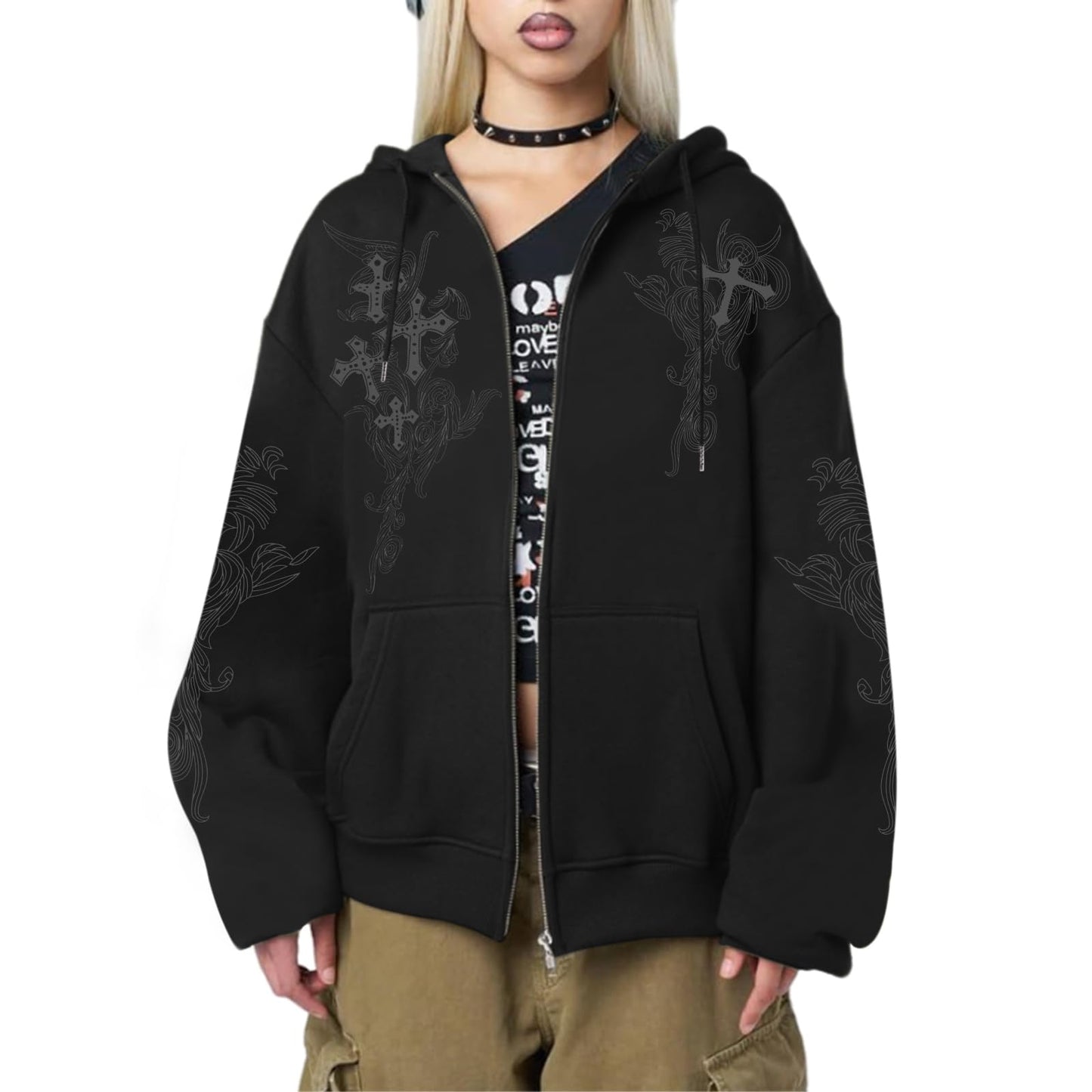 Black zip up hoodie with grunge cross graphic print