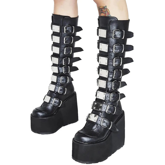 Black Multi Buckle Wedge Platform Knee High Boots