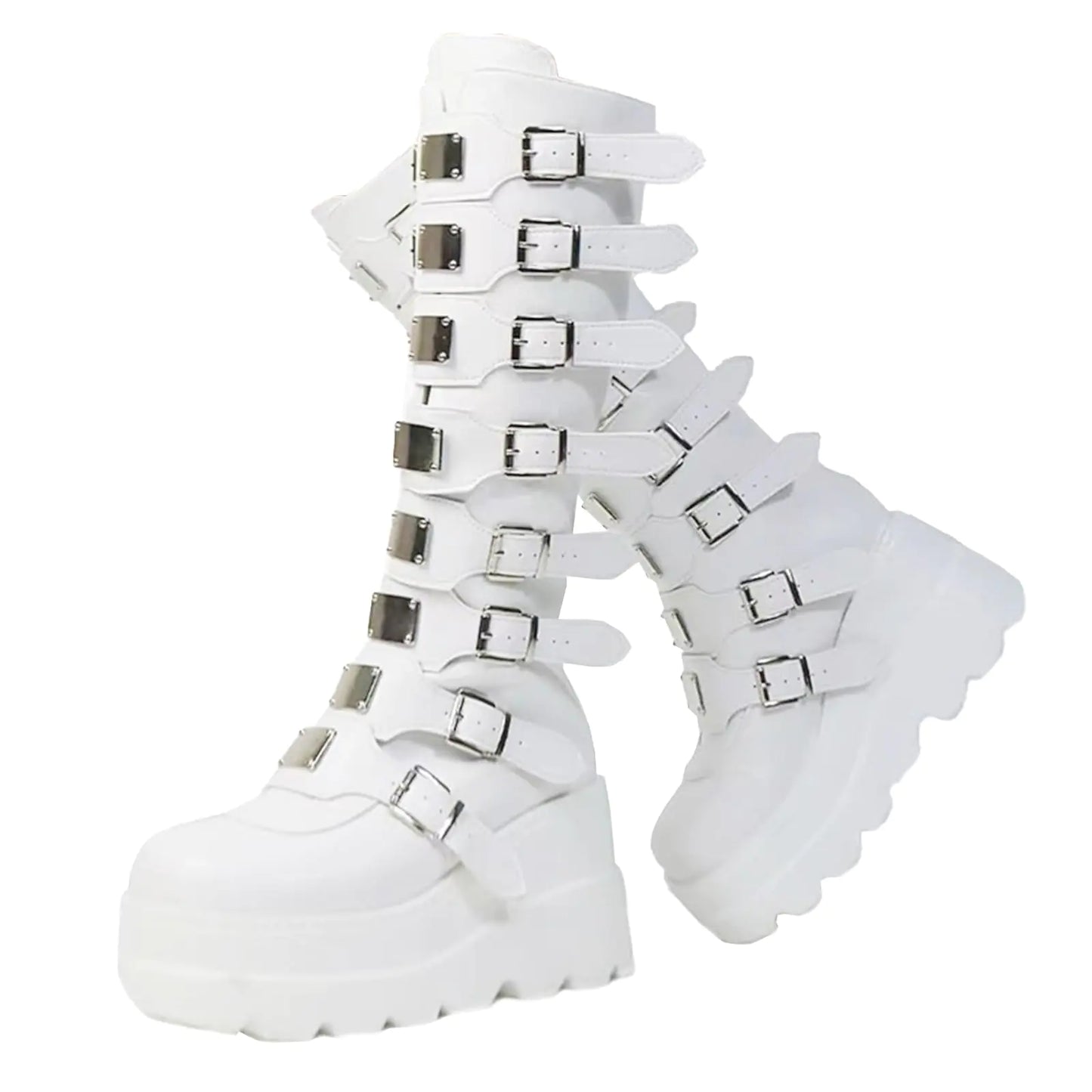 White Multi Buckle Platform Knee High Boots