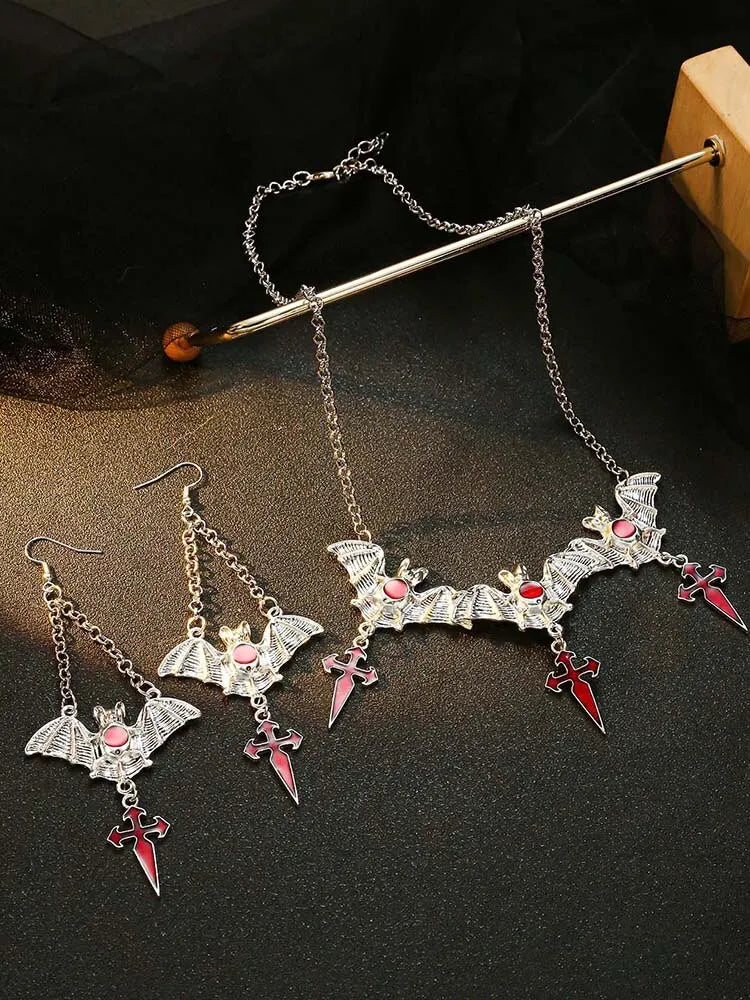 Halloween Gothic Vampire Bat Necklace Earring Set Red Cross Bat Pendant Necklace Drop Earrings For Woman Jewelry Gift Cool Style