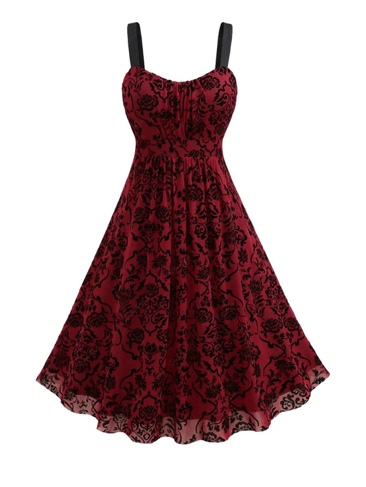 Burgundy Flocked Mesh Corset Midi Dress