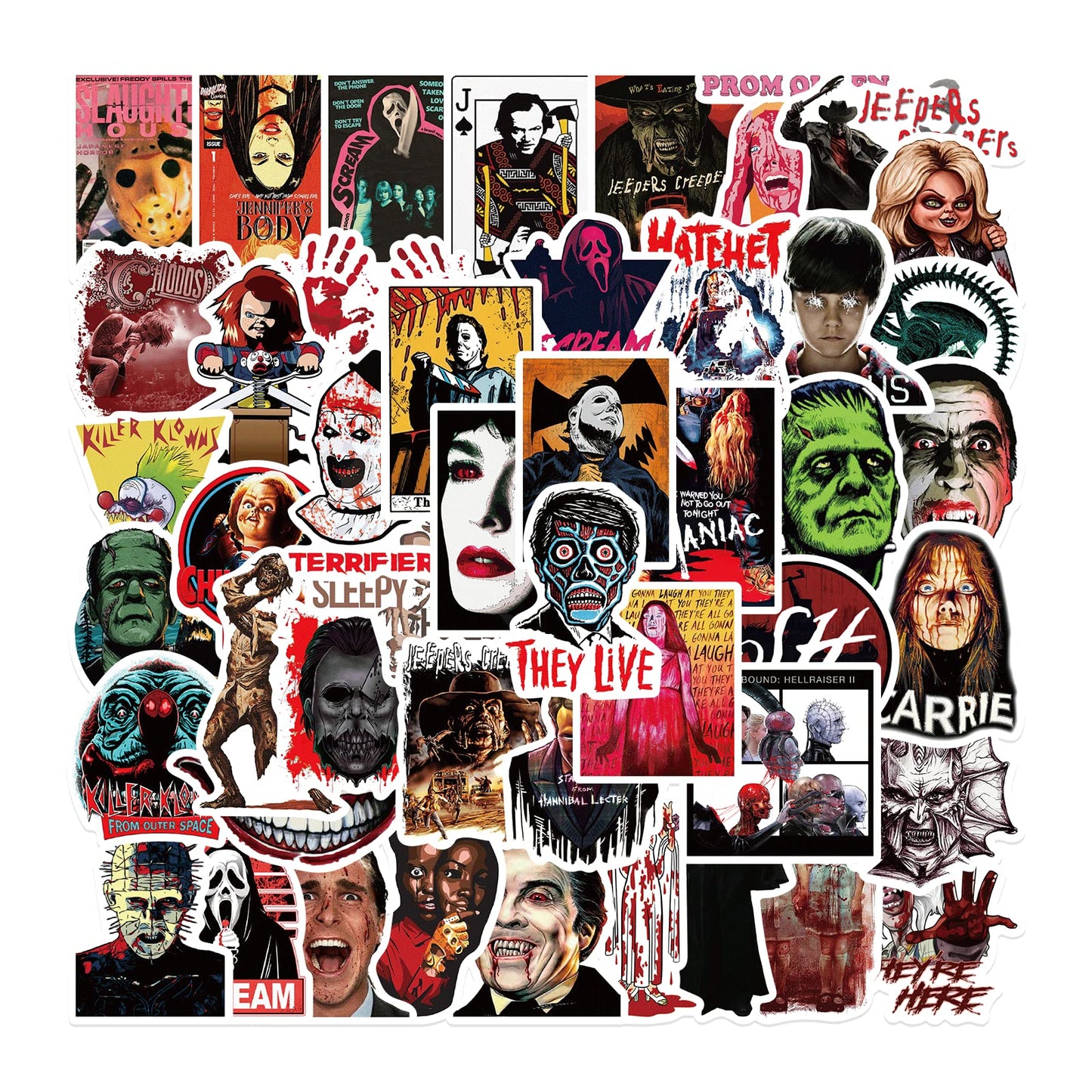 Gxizlba 50 Pcs Horror Stickers Horror Movies Scary Movie Gifts Spooky Decorations Halloween Party Gifts Sticker Kids Teens Adults DIY Bumper Helmet Journal Phone Laptops Decals