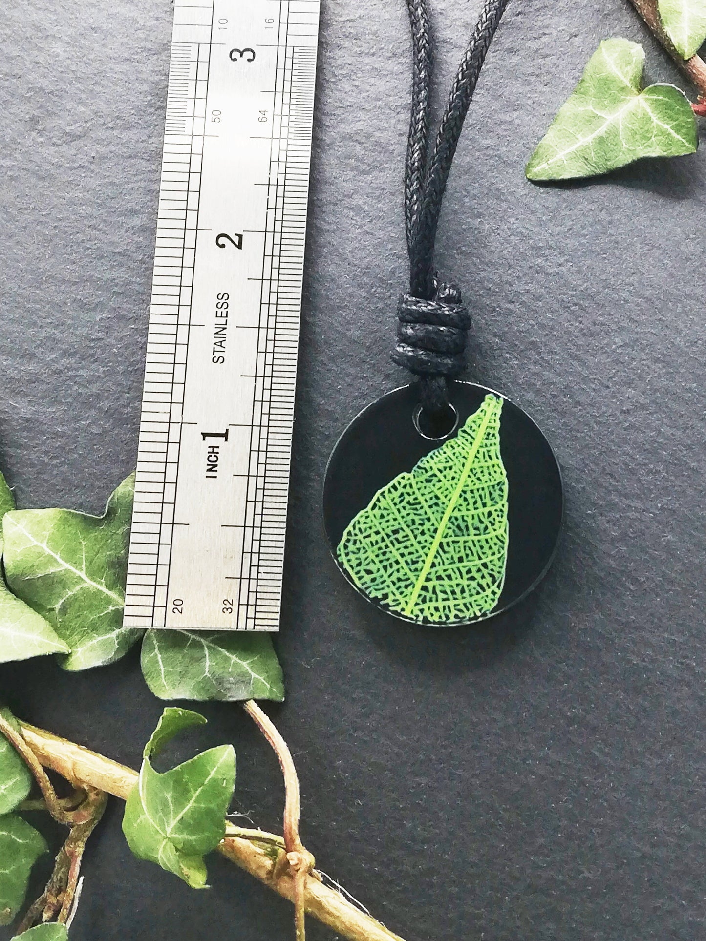 Skeleton Leaf Necklace, Nature inspired circle pendant black and green