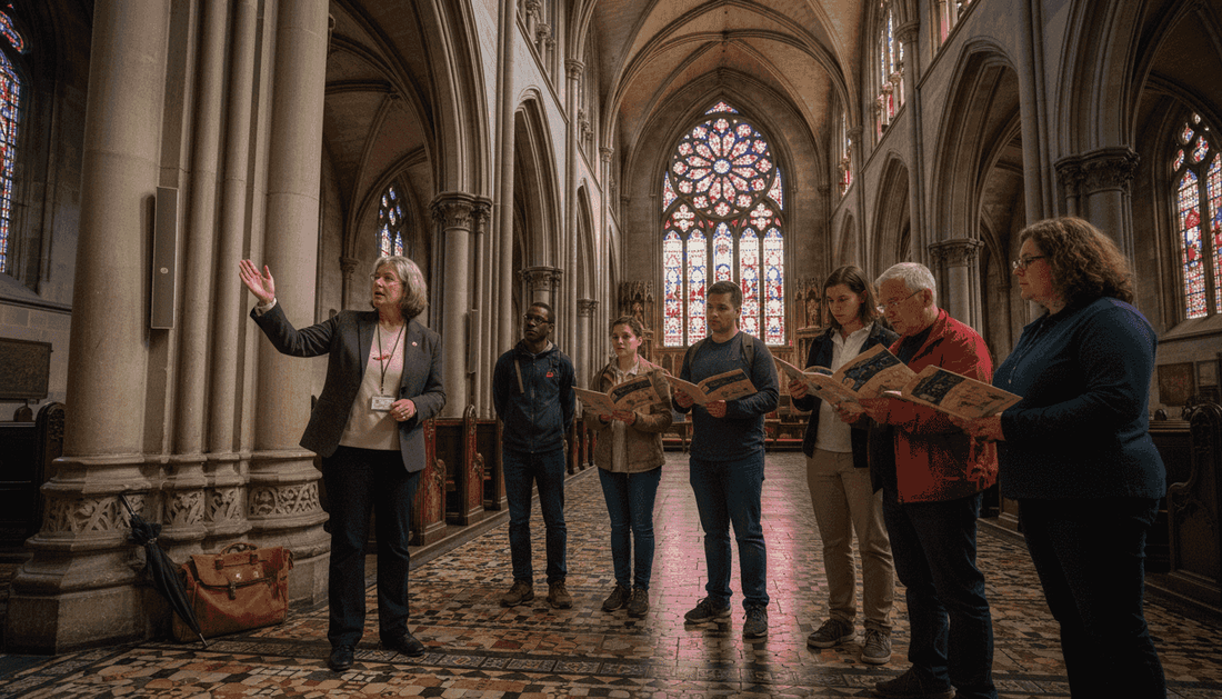 Wide shot of Gothic cathedral stained glass interior