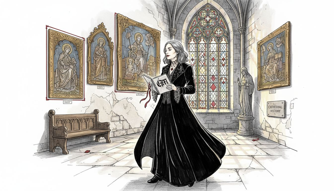 Woman examining Gothic art in old cathedral gallery