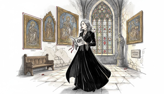 Woman examining Gothic art in old cathedral gallery