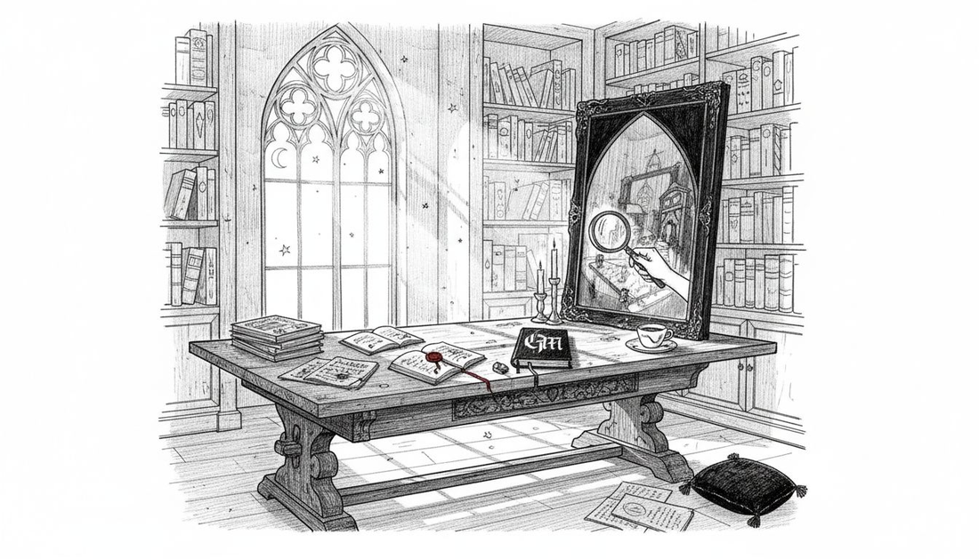 Gothic art curator studying painting at desk