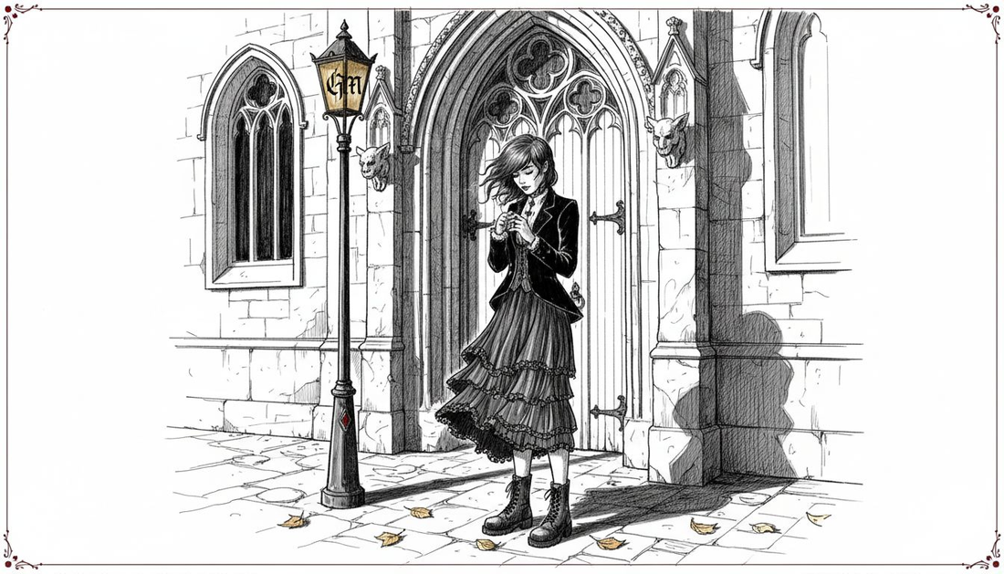 Woman in Gothic fashion adjusting ring outdoors