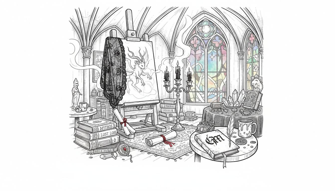 Artist sketching mythological creature in attic studio