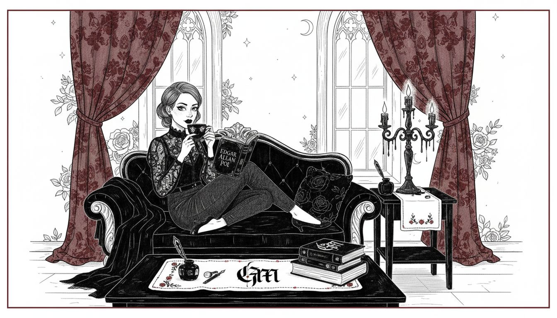 Woman reading in goth-inspired living room