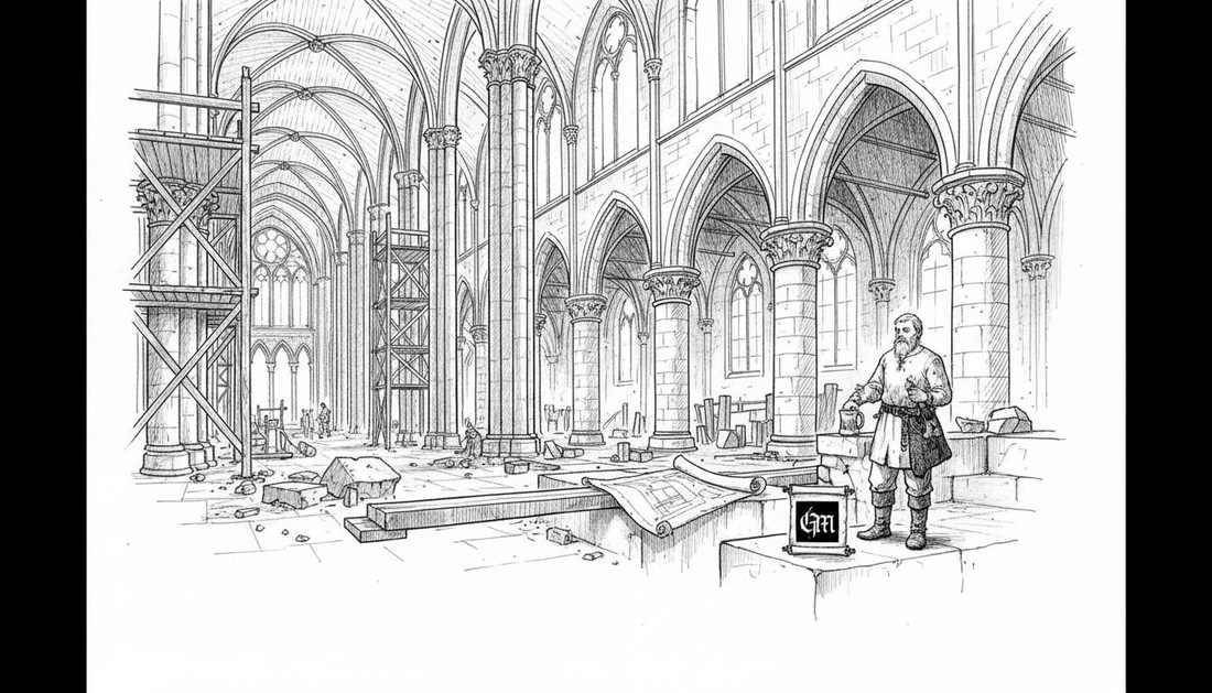 Stone mason in gothic cathedral under construction