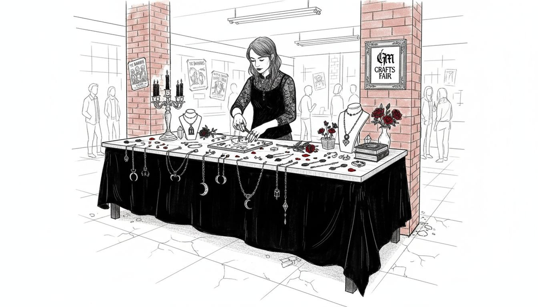Goth vendor arranging jewelry in community market