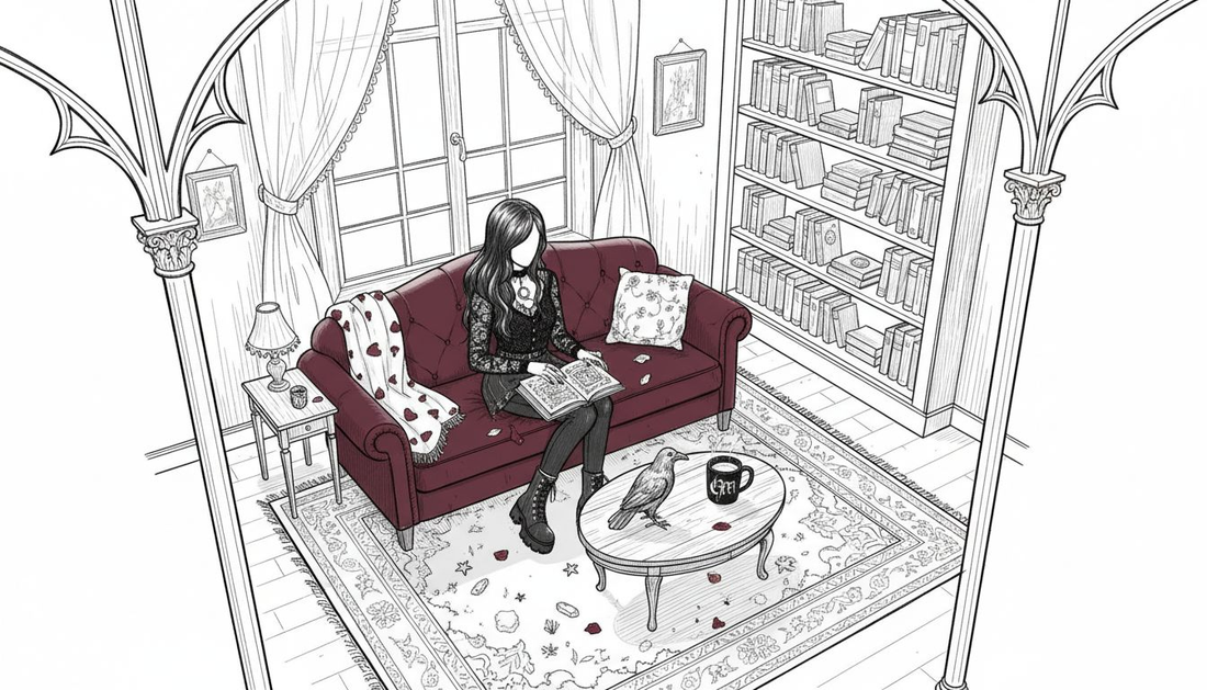 Woman reading on velvet sofa in gothic home