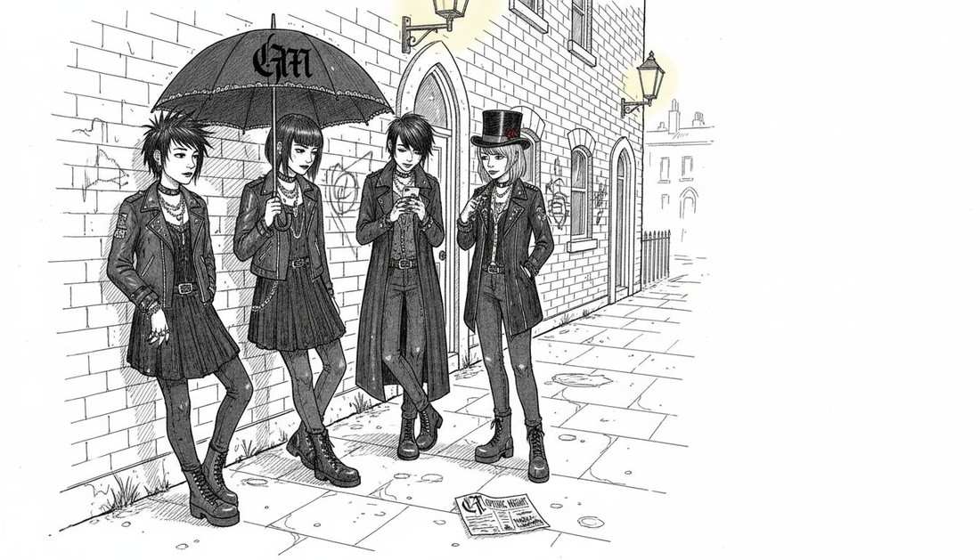 Teen goths outside urban brick row house