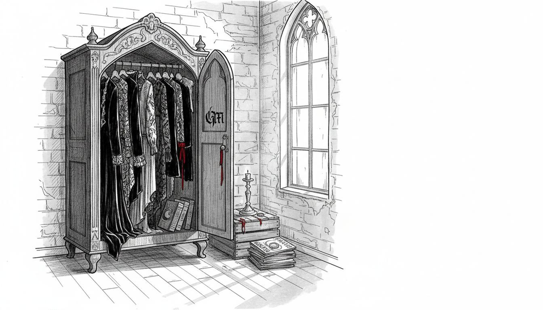 Woman sorting goth wardrobe in loft armoire