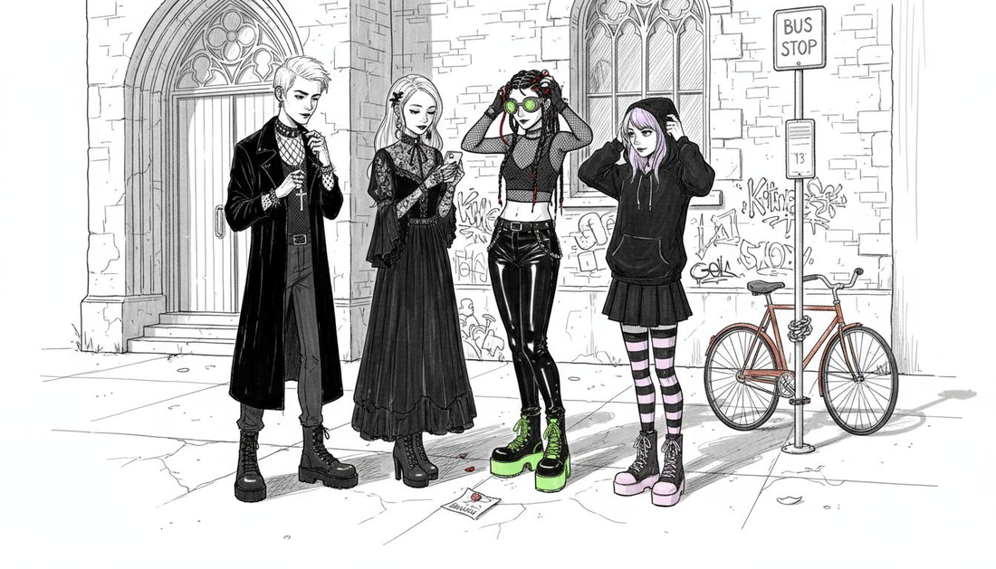 Group in different gothic fashion styles on city street