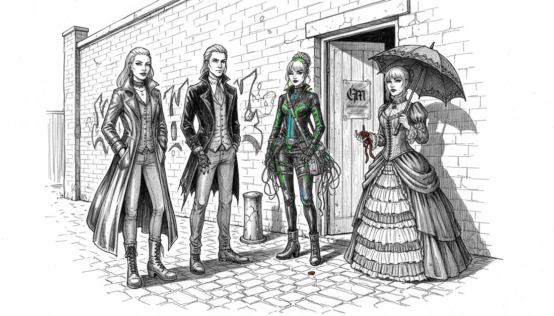 Group in varied gothic subculture outfits outdoors