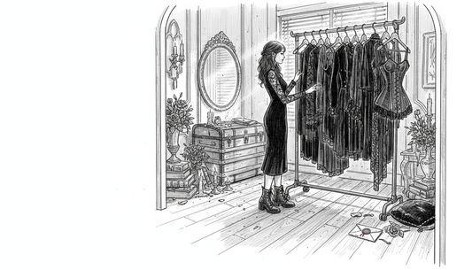 Gothic wardrobe with black dresses and blazers