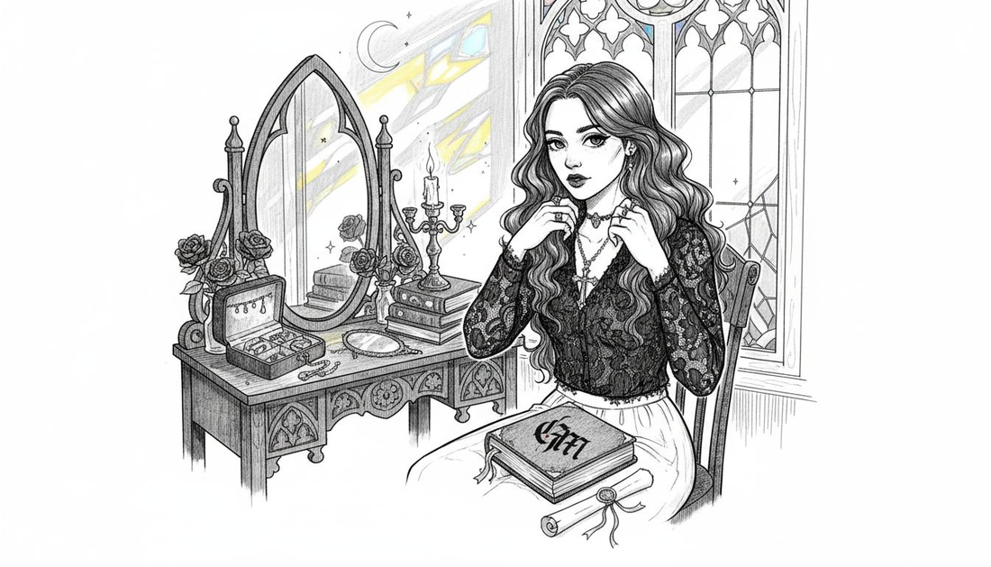 Woman wearing gothic jewelry in Victorian room