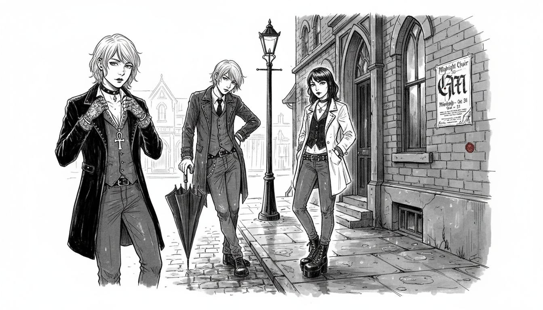 Group in goth attire outside old brick building