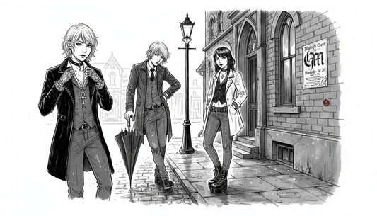 Group in goth attire outside old brick building