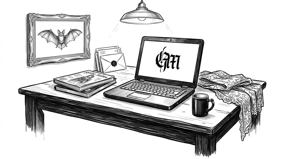 Woman online shopping for gothic fashion at cluttered table
