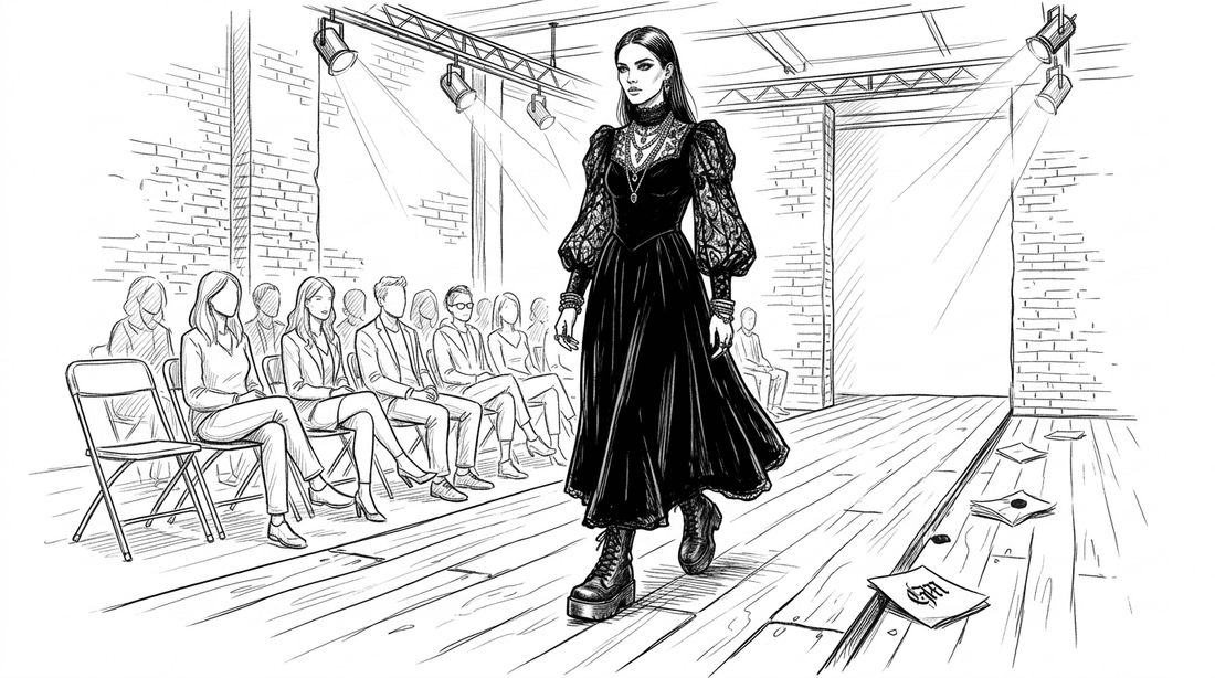 Model in gothic dress on fashion runway