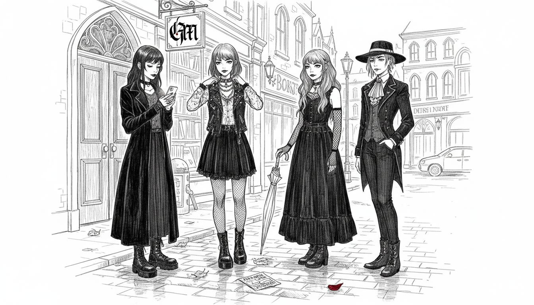 Modern goths in layered outfits on city street