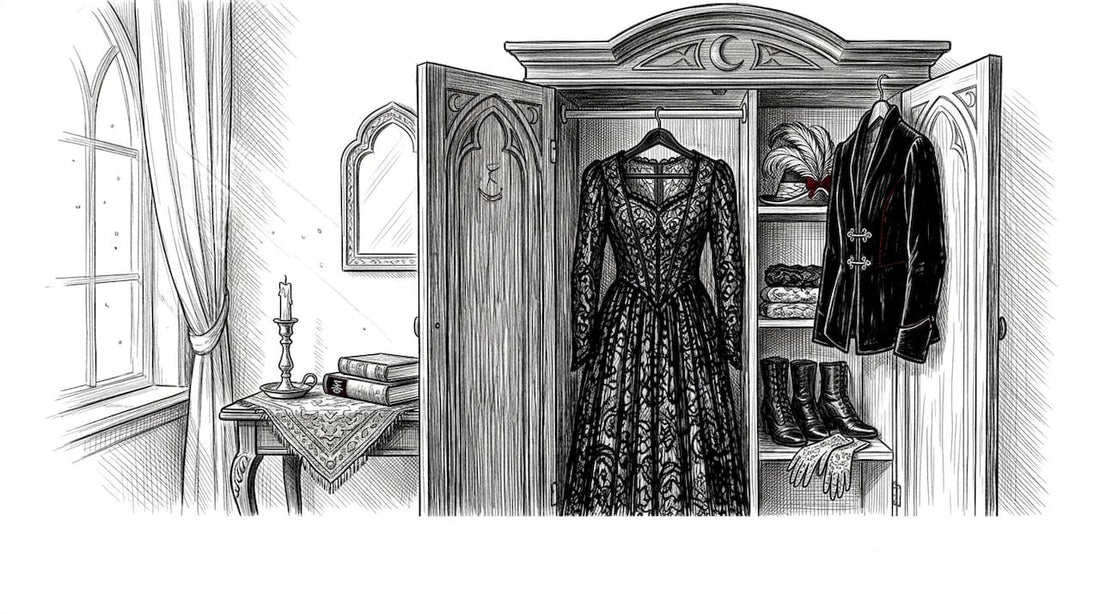 Woman choosing outfit in gothic wardrobe