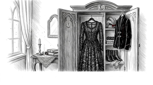 Woman choosing outfit in gothic wardrobe
