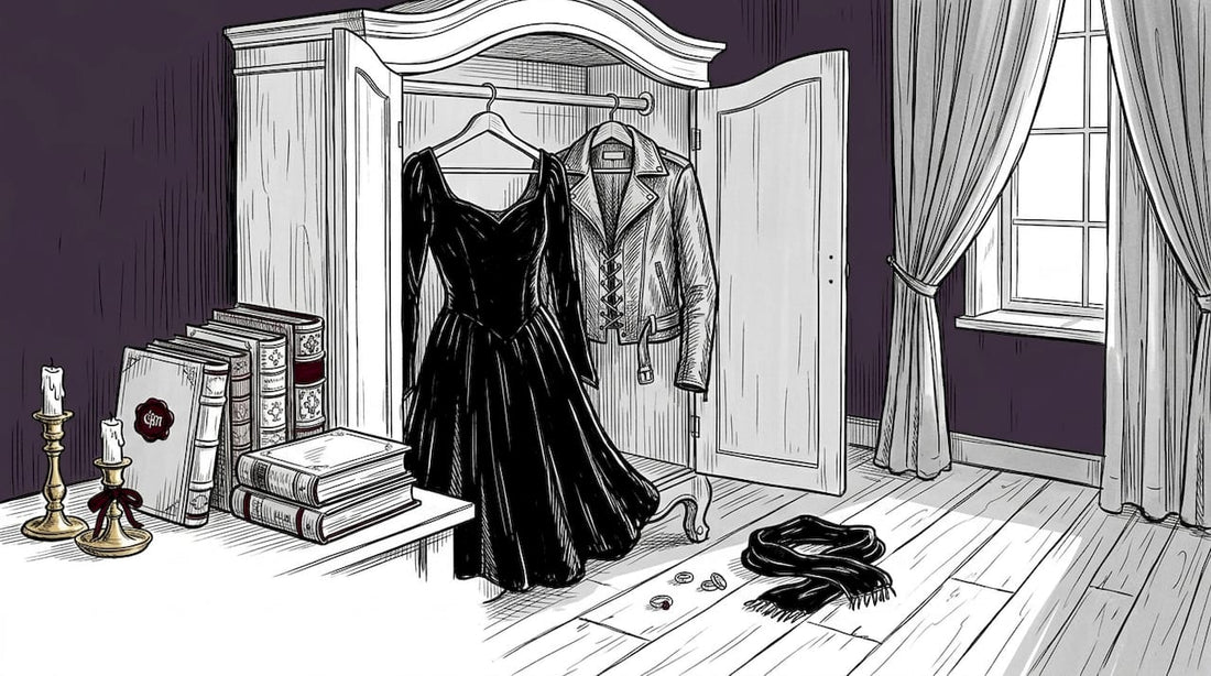 Woman selecting gothic clothing from wardrobe