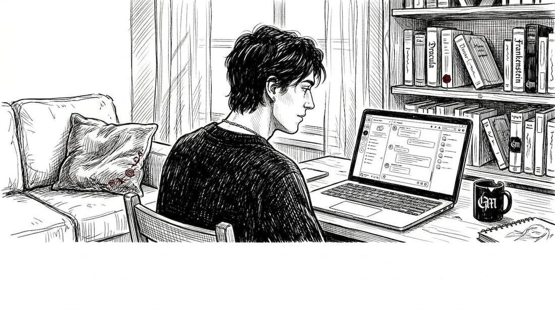 Gothic individual chatting online in home living room