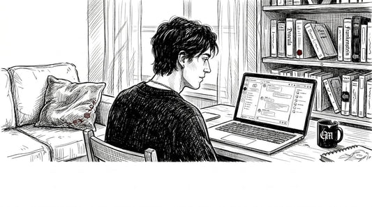 Gothic individual chatting online in home living room