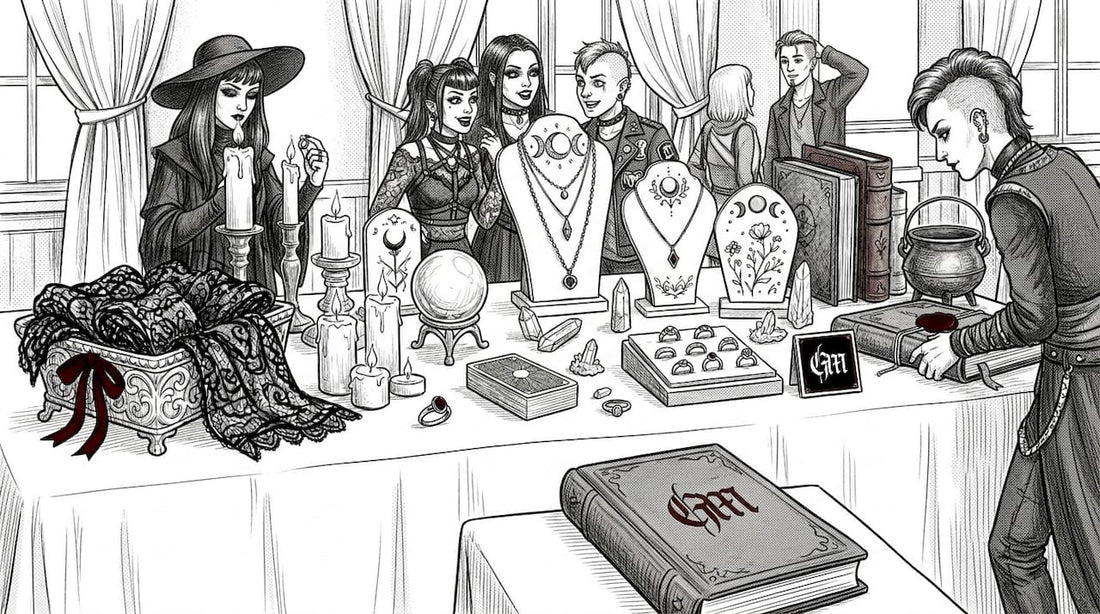 Goth market attendees gather at vendor table