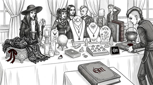 Goth market attendees gather at vendor table