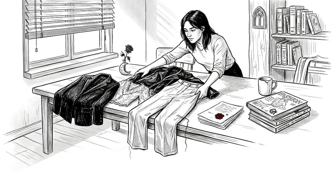 Person sorting gothic wardrobe essentials at home