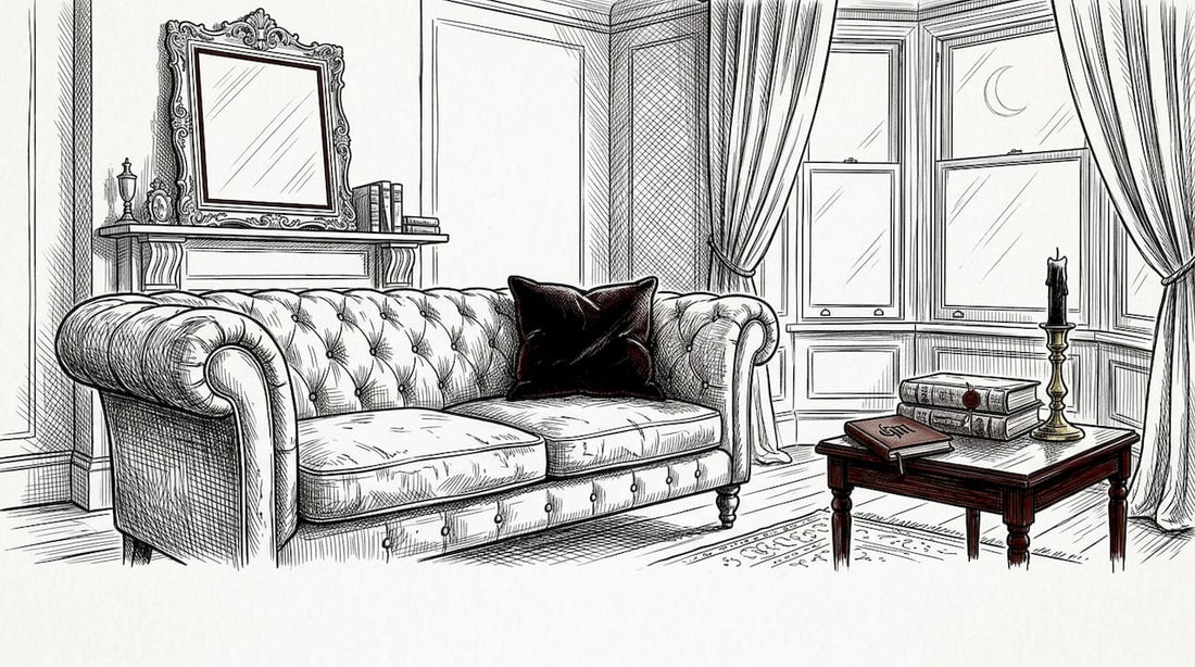 Gothic style living room with vintage sofa and dark decor