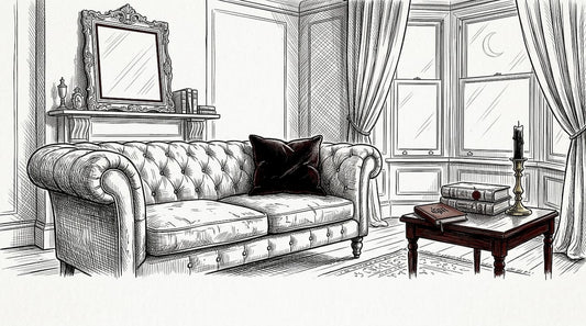 Gothic style living room with vintage sofa and dark decor