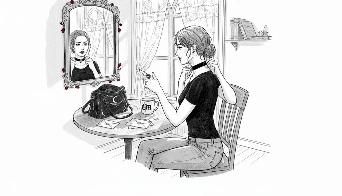 Woman accessorizing with gothic jewelry at table