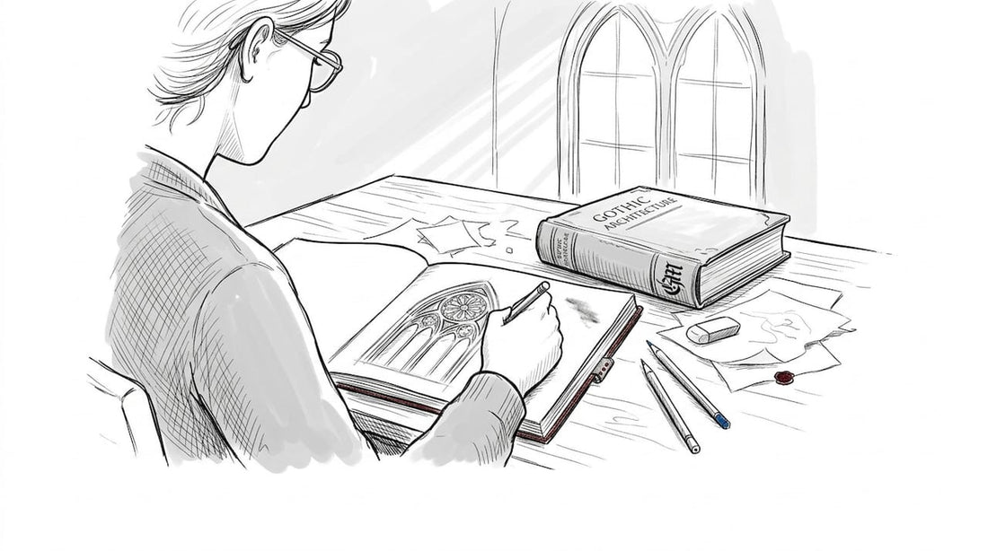 Art historian sketching gothic architecture motifs