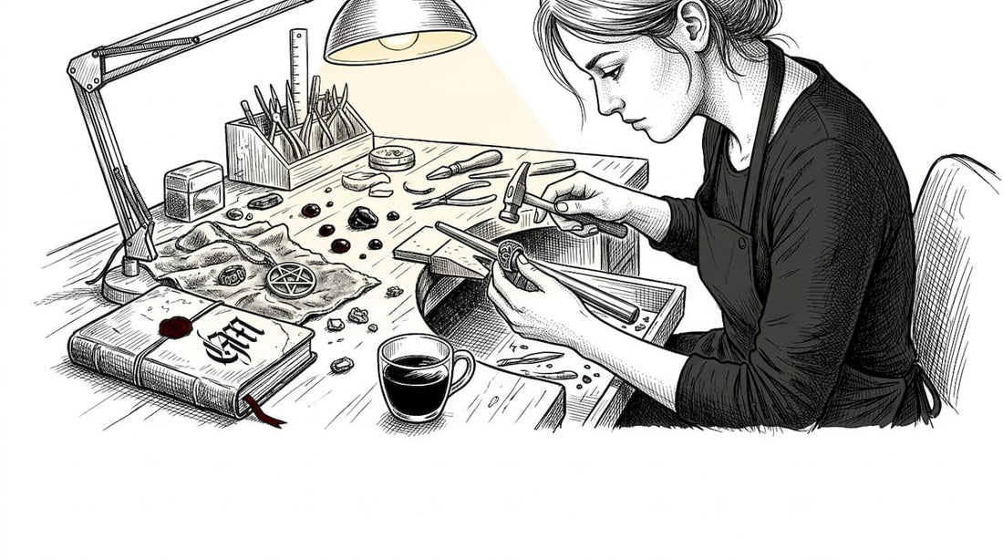 Artisan crafting gothic jewelry at cluttered bench