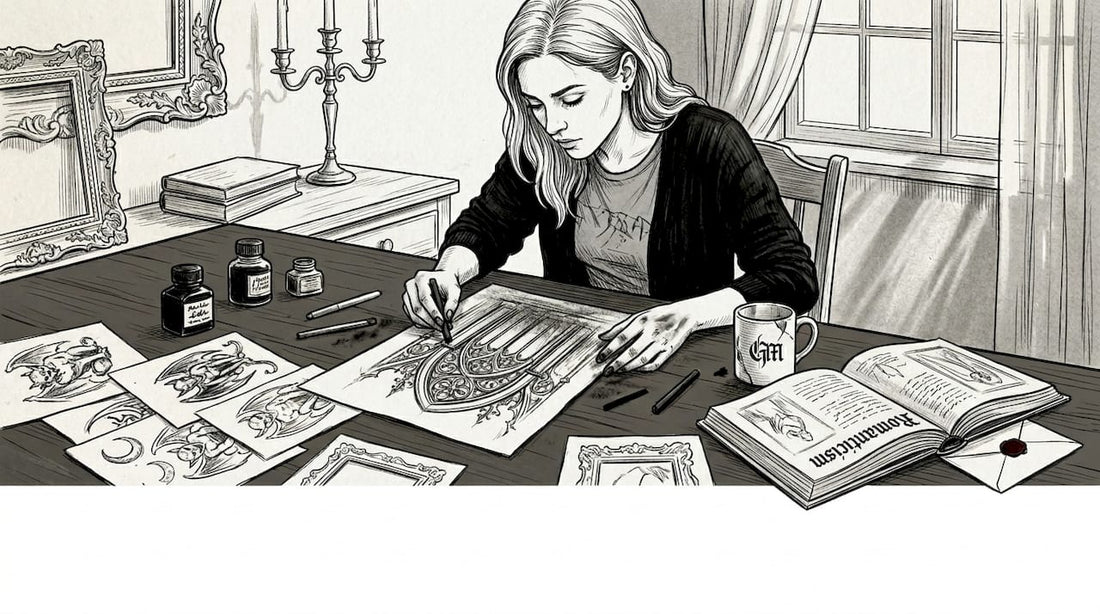Artist creating gothic-inspired art in studio