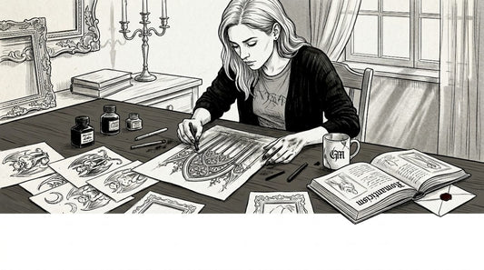 Artist creating gothic-inspired art in studio