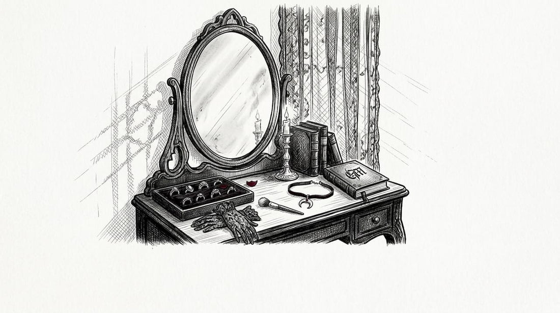 Woman fixing gothic choker at antique vanity