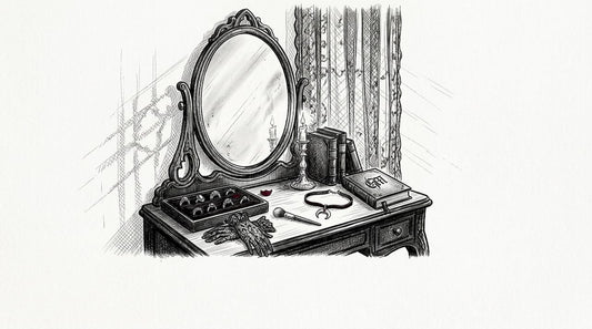 Woman fixing gothic choker at antique vanity