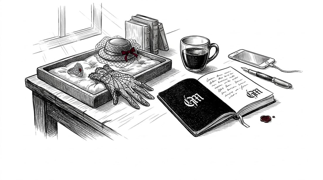 Person arranging gothic accessories on desk