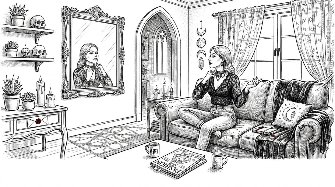Woman adjusting gothic choker in living room mirror