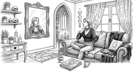 Woman adjusting gothic choker in living room mirror