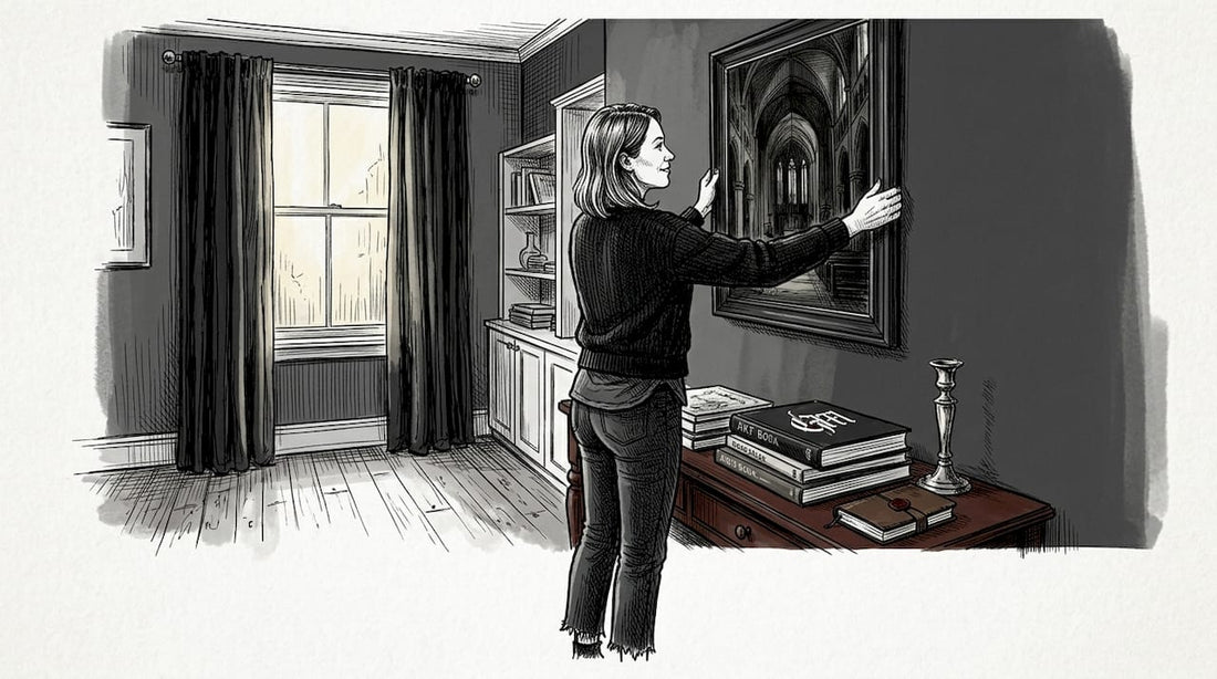 Gothic art collector arranging painting at home
